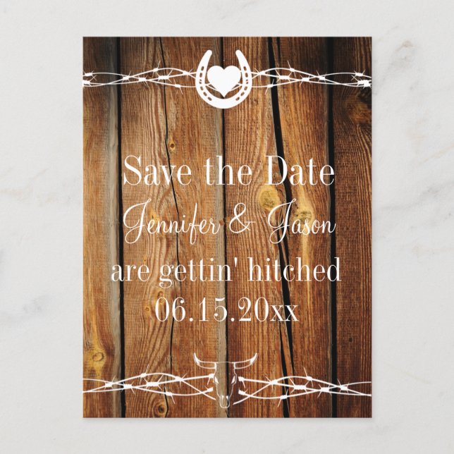 Western Barbed Wire Wood Save the Date Postcards (Front)