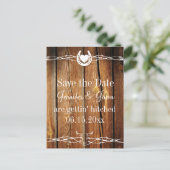 Western Barbed Wire Wood Save the Date Postcards (Standing Front)