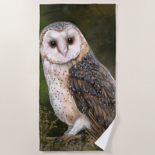 Western Barn Owl _ Migned Watercolor Painting Art  Beach Towel