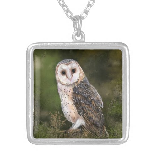 Western Barn Owl _ Migned Watercolor Painting Art  Silver Plated Necklace