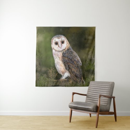 Western Barn Owl _ Migned Watercolor Painting Art  Tapestry