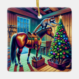 Western Barn Raccoon Decorating Christmas Tree Ceramic Ornament