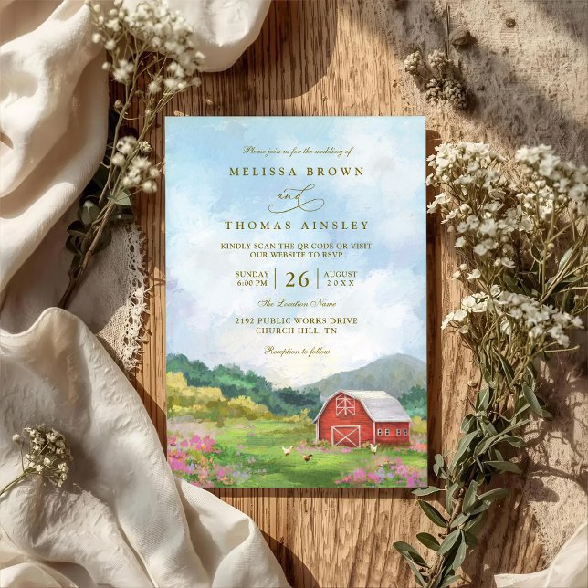Western Barn Rustic Countryside QR Code Wedding Invitation (Creator Uploaded)