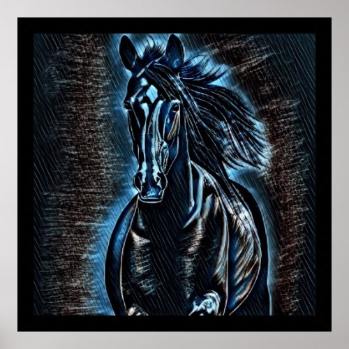 Western Beauty Wild Mustang Blue Tones Poster