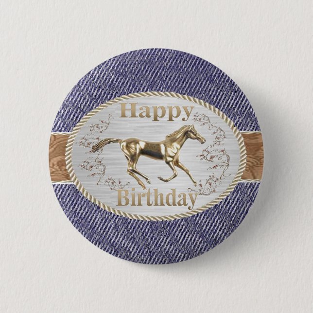 Western Belt And Buckle On Denim Happy Birthday Button (Front)