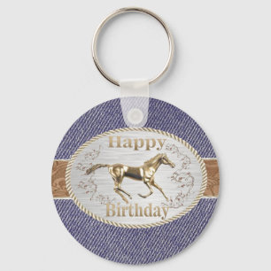 Western Belt And Buckle On Denim Happy Birthday Keychain