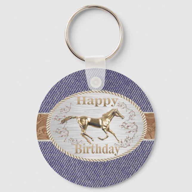 Western Belt And Buckle On Denim Happy Birthday Keychain (Front)