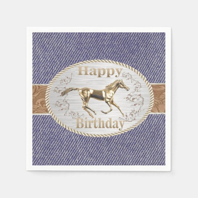 Western Belt and Buckle On Denim Happy Birthday Napkins (Front)