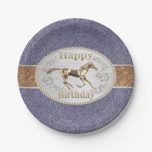 Western Belt and Buckle On Denim Happy Birthday Paper Plates