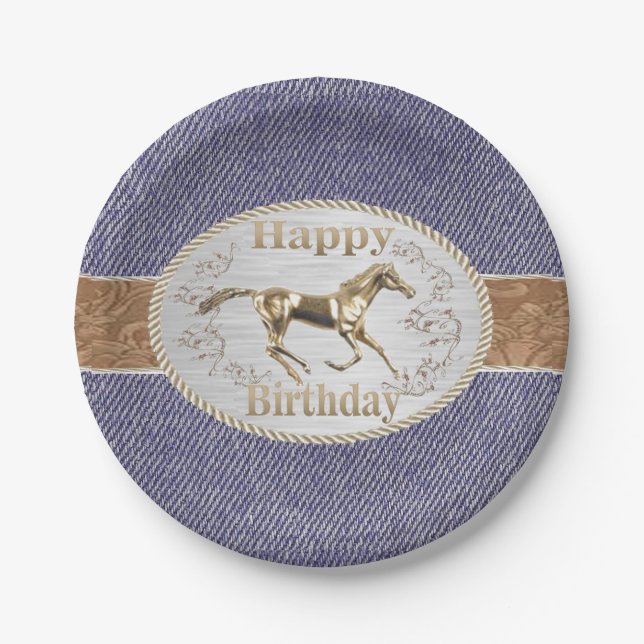 Western Belt and Buckle On Denim Happy Birthday Paper Plates (Front)