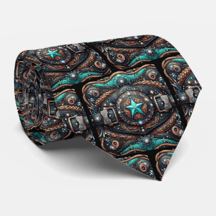 Western Belt Buckle Shape Turquoise Black Neck Tie