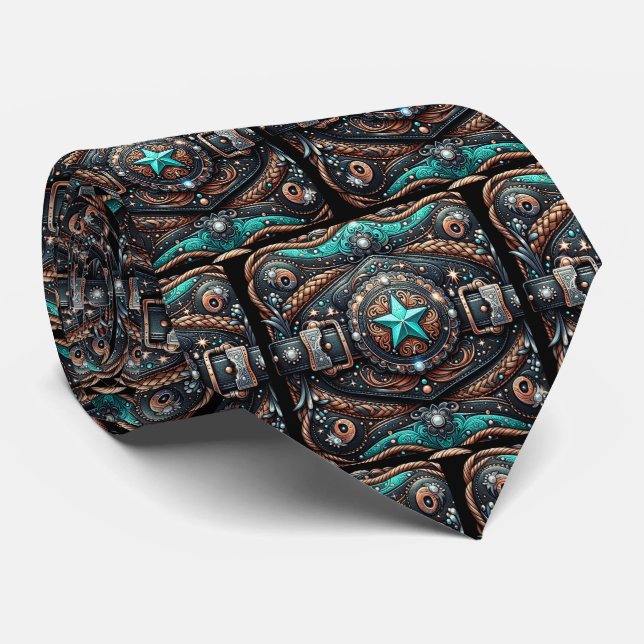 Western Belt Buckle Shape Turquoise Black Neck Tie (Rolled)