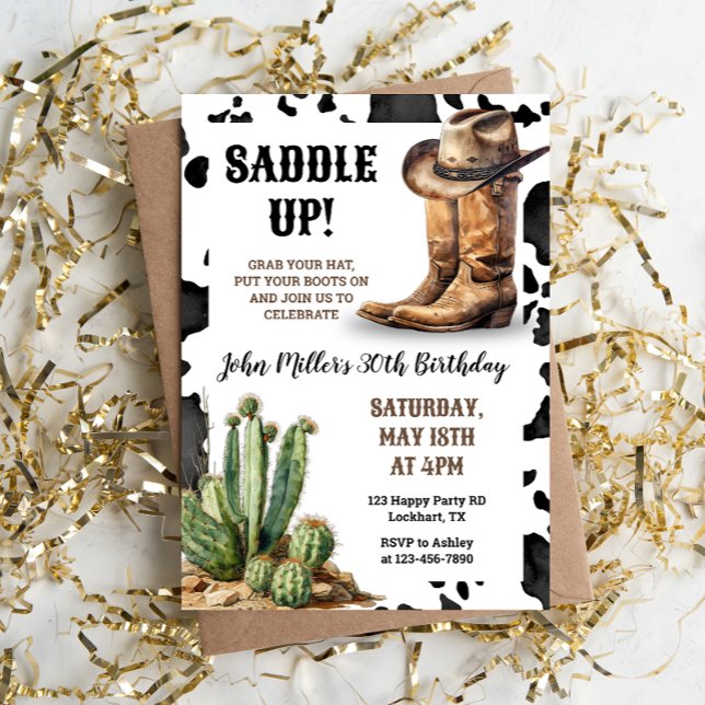 Western Birthday Cowboy Boots & Hat Cow Print Invitation (Creator Uploaded)