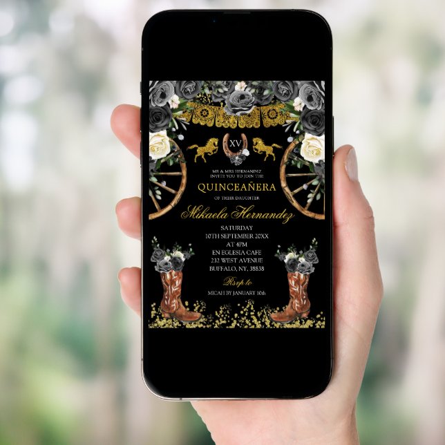 Western Black and Gold Charra Boots 15 Años Invitation (Front Digital)