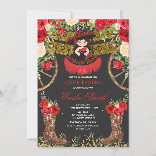 Western Black and Red Rose Mis Quince Invitation
