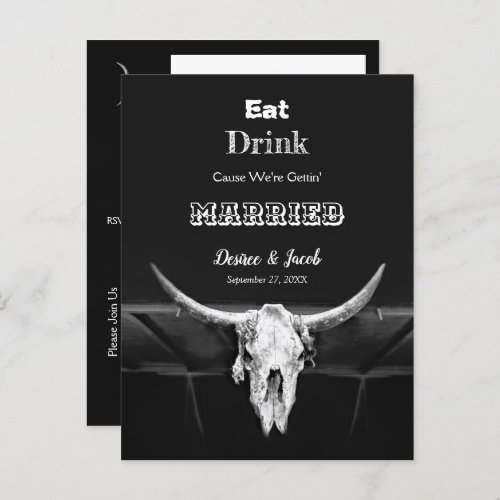 Western Black And White Rustic Eat Drink Married Announcement Postcard