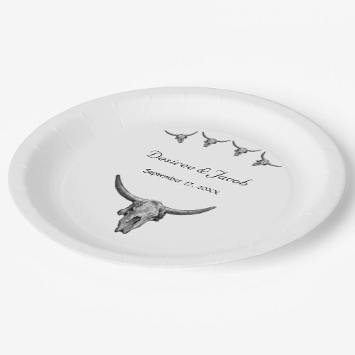 Western Black And White Rustic Wedding Bull Skull Paper Plates