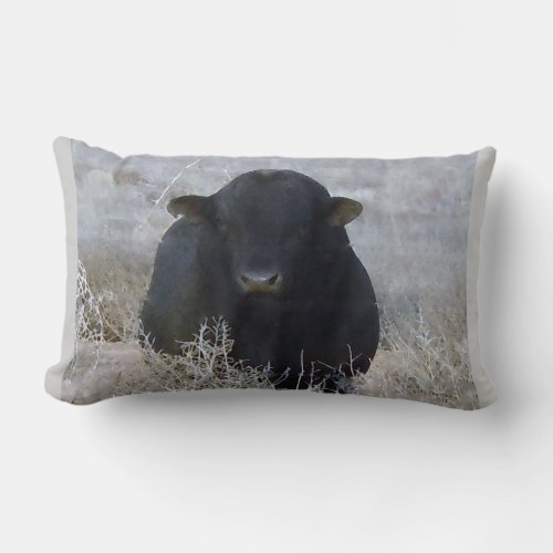 Western Black Bull in Winter Scene Lumbar Pillow