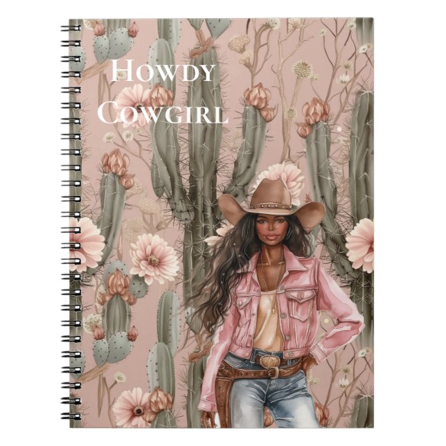 Western Black Cowgirl Pink Cactus Floral Notebook (Front)