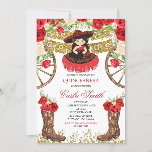 Western Black Dress and Red Rose 15 Anos Invitation