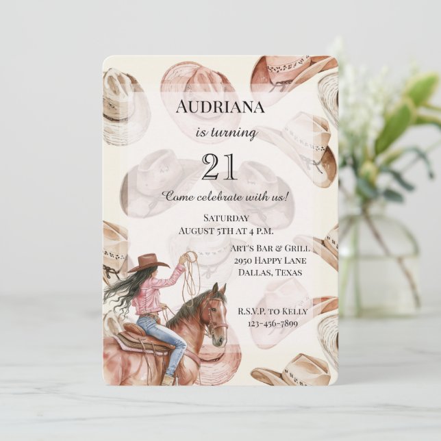 Western Black Hair Cowgirl Hats Birthday Invitation (Standing Front)