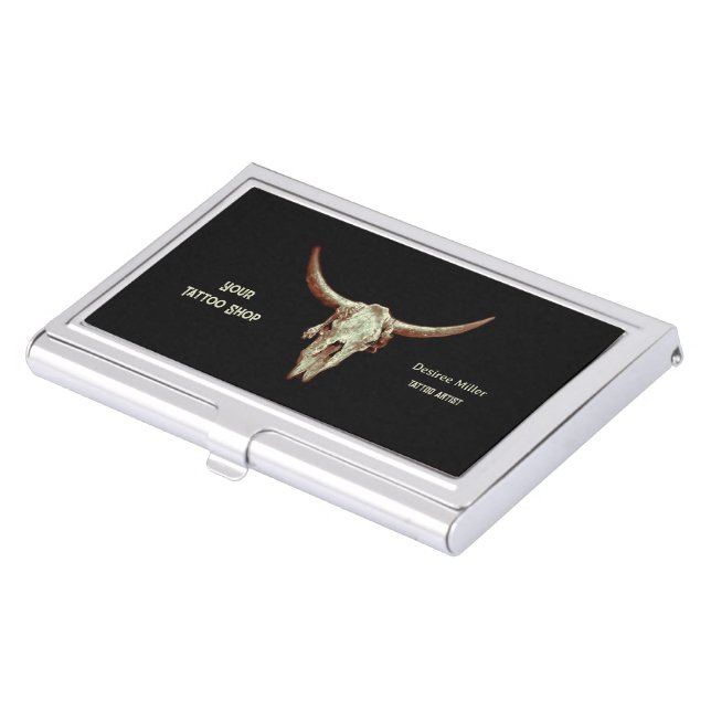 Western Black Rustic Tattoo Shop Bull Skull Business Card Case (Front)