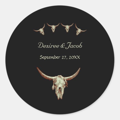 Western Black Rustic Wedding Cow Bull Skull Classic Round Sticker