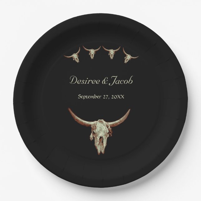 Western Black Rustic Wedding Cow Bull Skull Paper Plates (Front)