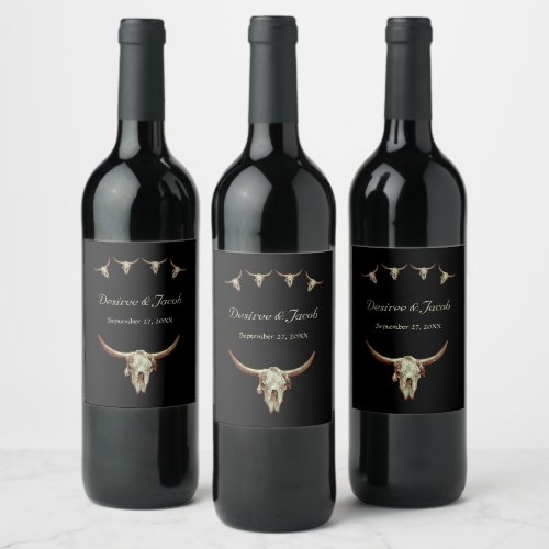 Western Black Rustic Wedding Cow Bull Skull Wine Label