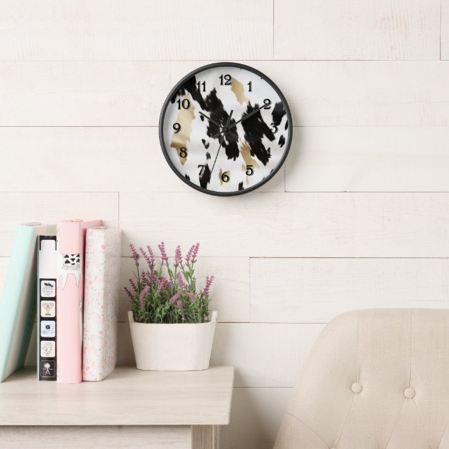 Western Black White Glam Gold Cowhide  Clock (Reading Room)