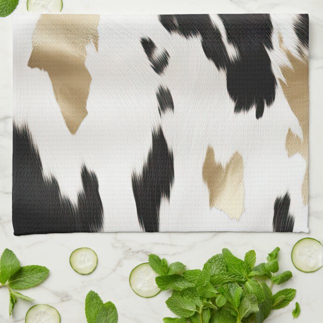 Western Black White Glam Gold Cowhide  Kitchen Towel (Folded)