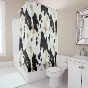 Western Black White Glam Gold Cowhide Shower Curtain