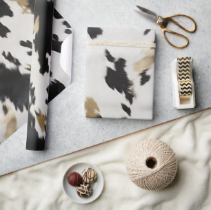 Western Black White Gold Cowhide Birthday Wrapping Paper