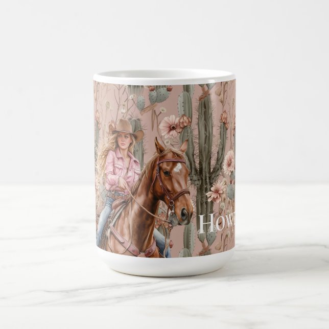 Western Blond Cowgirl Pink Cactus Floral Coffee Mug (Center)