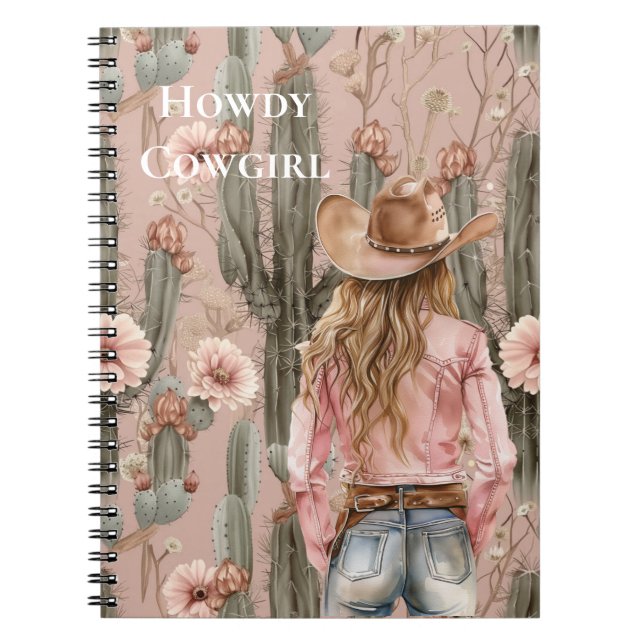 Western Blond Cowgirl Pink Cactus Floral Notebook (Front)