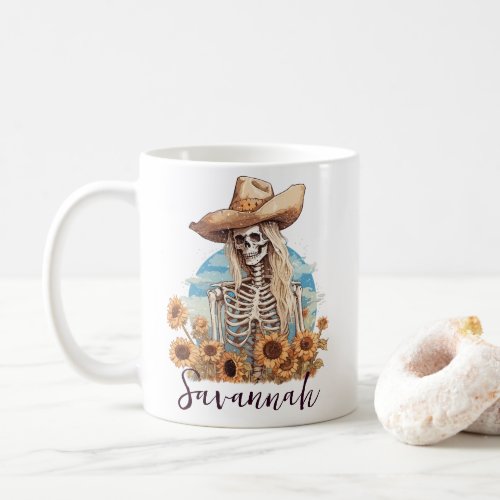 Western Blonde Skeleton Cowgirl Sunflowers Coffee Mug