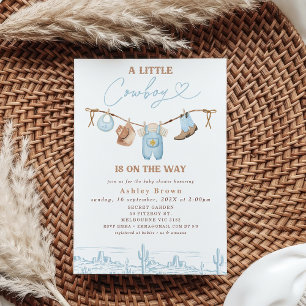 Western Blue Brown Clothesline Cowboy Baby Shower Invitation