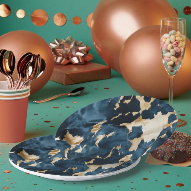 Western Blue Brown Gold Cowhide Paper Plates (Multi)
