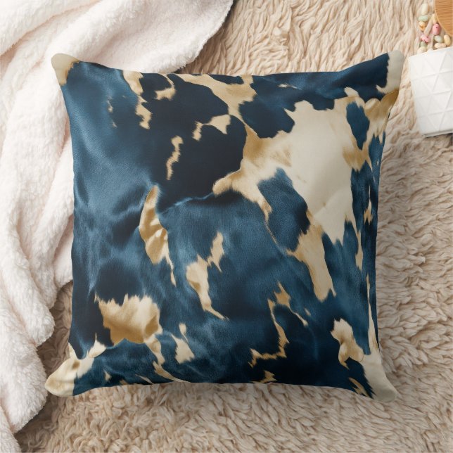 Western Blue Brown Gold Cowhide Throw Pillow (Blanket)
