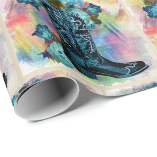 Western Blue Cowboy Boot With Roses On Water Color Wrapping Paper