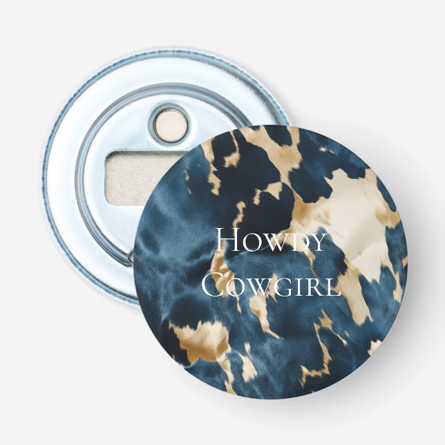 Western Blue Cream Gold Cowboy Cowgirl Cowhide Bottle Opener (Front)