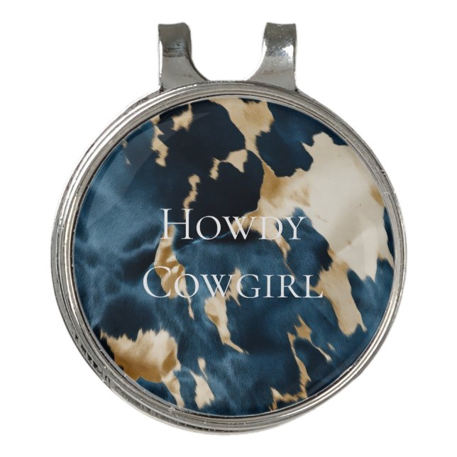 Western Blue Cream Gold Cowboy Cowgirl Cowhide Golf Hat Clip (Front)