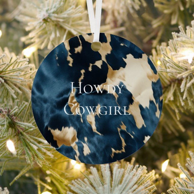 Western Blue Cream Gold Cowboy Cowgirl Cowhide Metal Ornament (Insitu)
