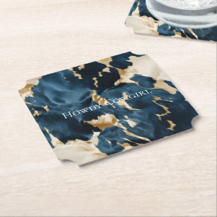 Western Blue Cream Gold Cowboy Cowgirl Cowhide Paper Coaster