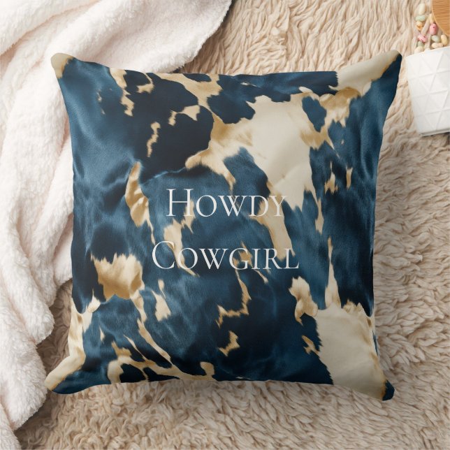 Western Blue Cream Gold Cowboy Cowgirl Cowhide Throw Pillow (Blanket)