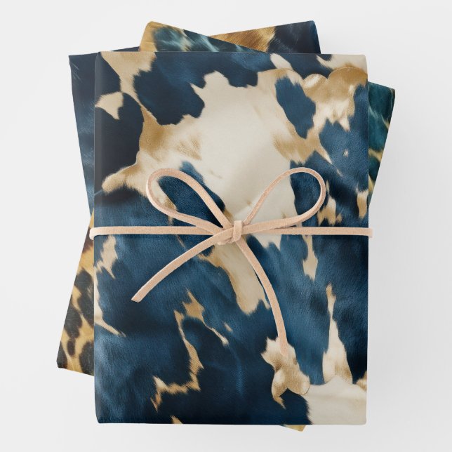 Western Blue Cream Gold Cowboy Cowgirl Cowhide Wrapping Paper Sheets (In situ)