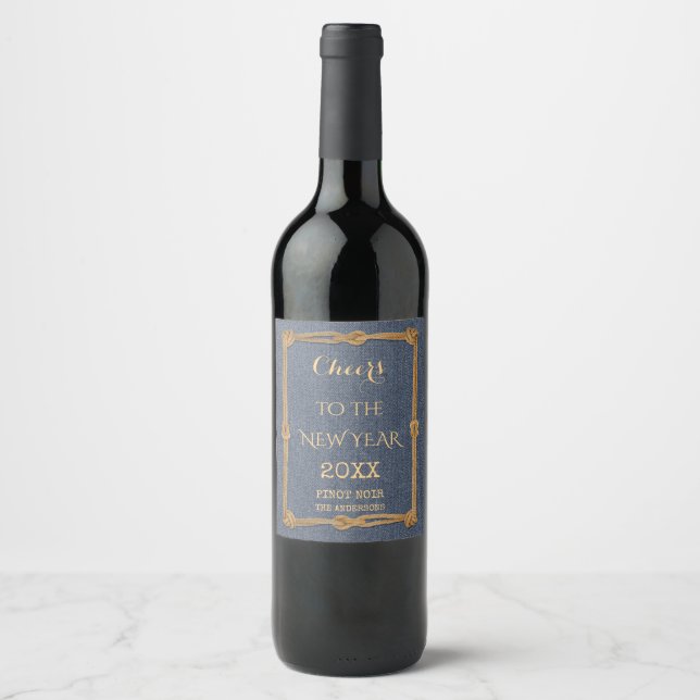 Western Blue Denim Rope Cheers New Year Wine Label (Front)