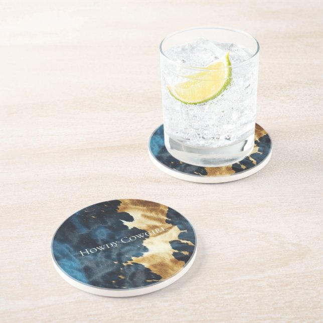 Western Blue Gold Cowboy Cowgirl Cowhide Coaster (Side)