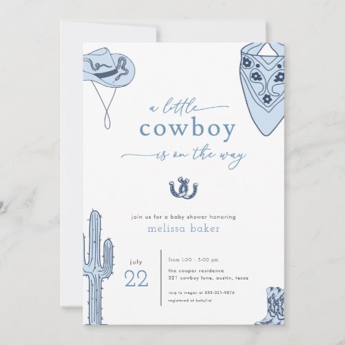 Western Blue Little Cowboy Baby Shower Invitation