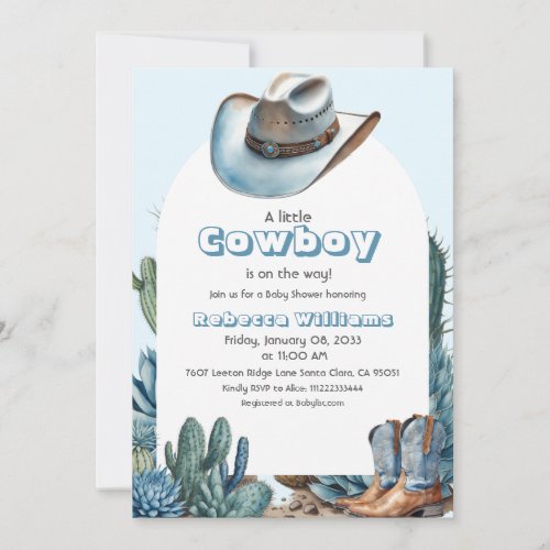 Western Blue Little Cowboy Rodeo Boy Baby Shower Invitation